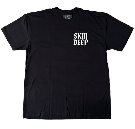 Skin Deep Vision Tee - black t-shirt featuring tattoo-inspired artwork by tattoo artist Creamytaco13 from Croatia that reads "No one sees what you see even if they see it too" with images of eyes throughout the graphic on the back, the front features the name Skin Deep in the signature font